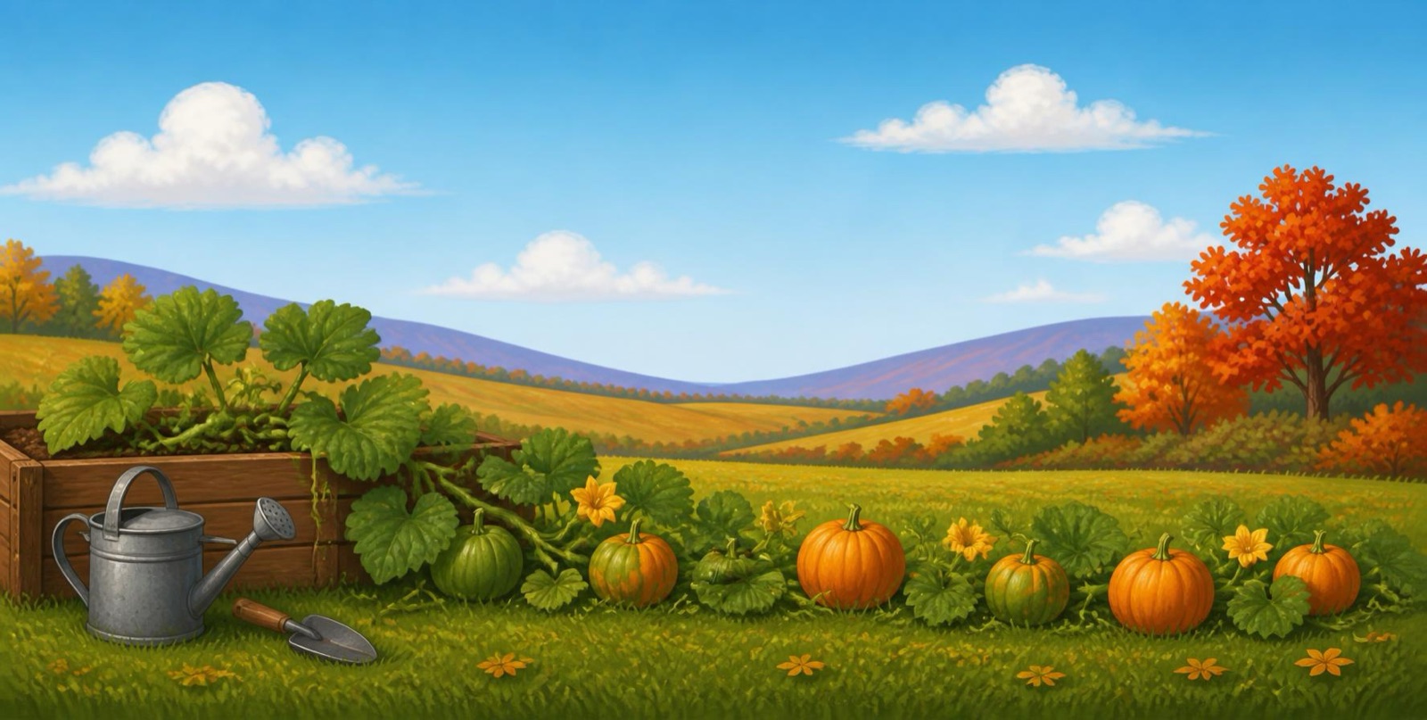 Painted illustration of a backyard pumpkin patch: a wooden planter box with a vine spilling across the lawn, pumpkins ripening from green to orange, a watering can and a trowel, with autumn hills behind